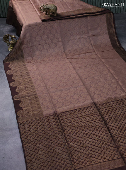 Kanchipuram soft silk saree pastel brown and coffee brown with allover zari woven brocade weaves and long zari woven border