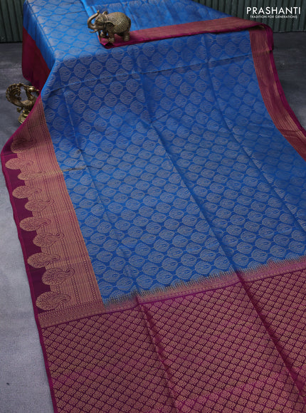 Kanchipuram soft silk saree cs blue and purple with allover zari woven brocade weaves and long zari woven border