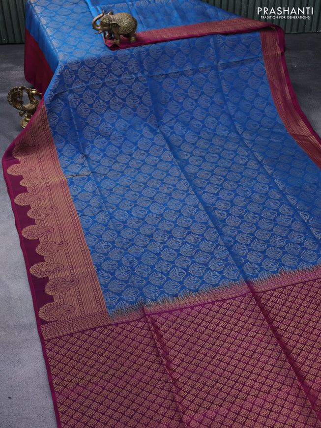 Kanchipuram soft silk saree cs blue and purple with allover zari woven brocade weaves and long zari woven border