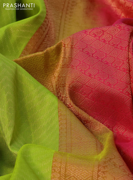 Kanchipuram soft silk saree light green and pink with allover zari woven brocade weaves in borderless style