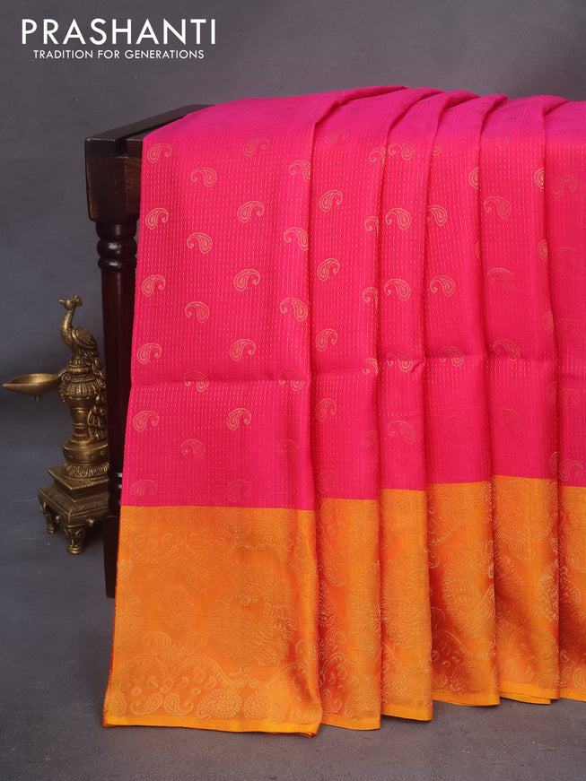 Kanchipuram soft silk saree pink and mango yellow with allover zari weaves and zari woven border