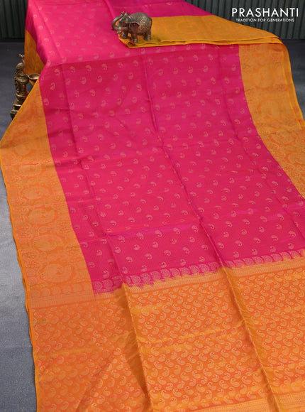 Kanchipuram soft silk saree pink and mango yellow with allover zari weaves and zari woven border