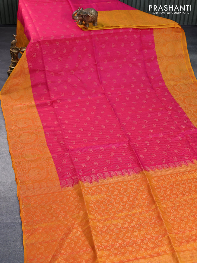 Kanchipuram soft silk saree pink and mango yellow with allover zari weaves and zari woven border