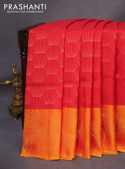 Kanchipuram soft silk saree red and mango yellow with allover zari weaves and zari woven border