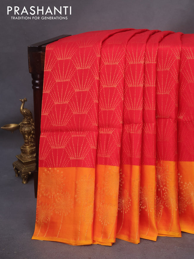 Kanchipuram soft silk saree red and mango yellow with allover zari weaves and zari woven border