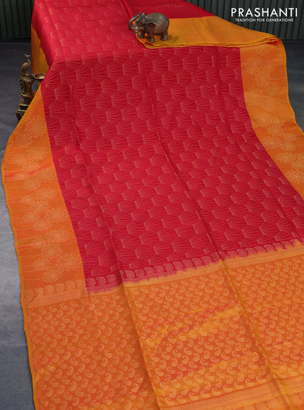 Kanchipuram soft silk saree red and mango yellow with allover zari weaves and zari woven border