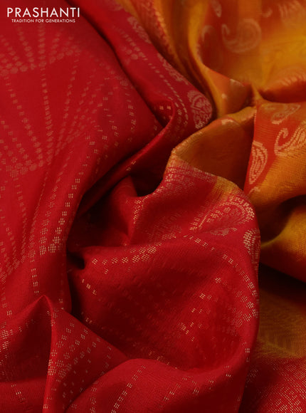 Kanchipuram soft silk saree red and mango yellow with allover zari weaves and zari woven border