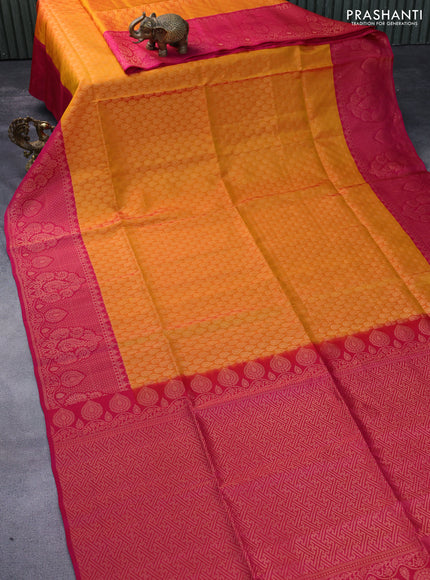 Kanchipuram soft silk saree mango yellow and pink with allover zari woven brocade weaves and zari woven border