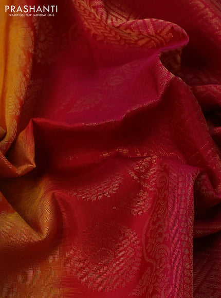 Kanchipuram soft silk saree mango yellow and pink with allover zari woven brocade weaves and zari woven border