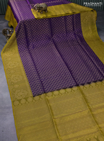 Kanchipuram soft silk saree blue and mehendi green with allover zari woven brocade weaves and zari woven border