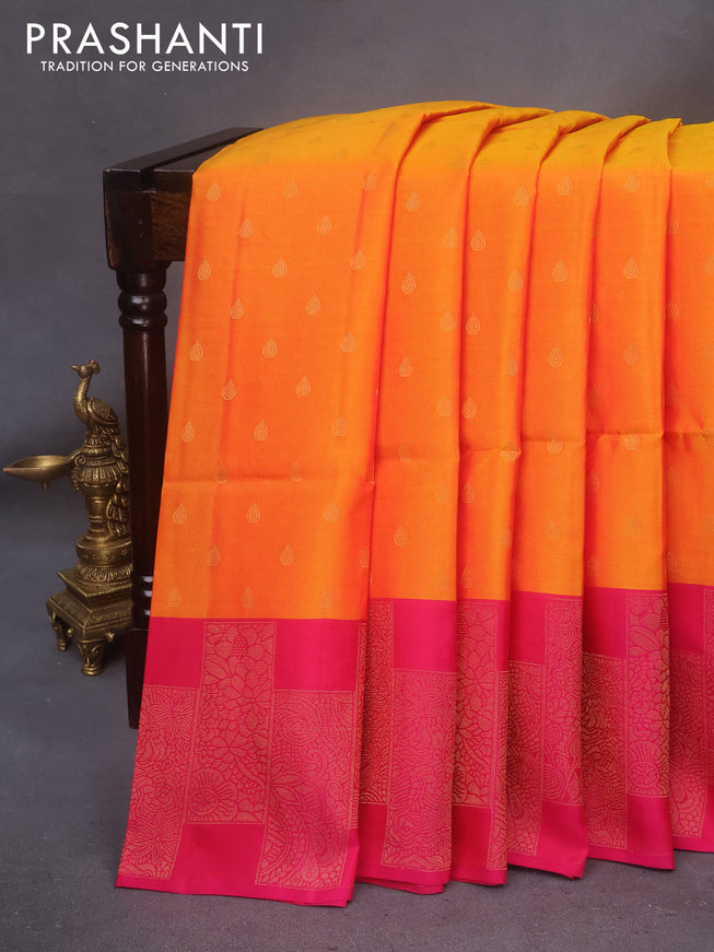 Kanchipuram soft silk saree dual shade of mustard and pink with zari woven buttas and zari woven border