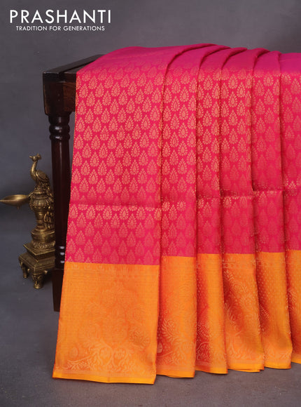 Kanchipuram soft silk saree pink and dual shade of yellow with allover zari woven brocade weaves and zari woven border