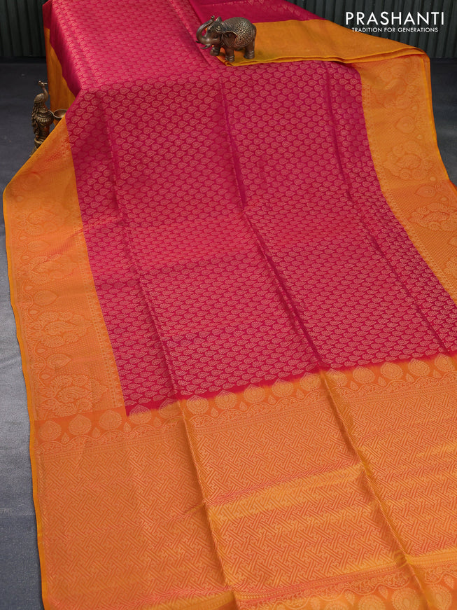 Kanchipuram soft silk saree pink and dual shade of yellow with allover zari woven brocade weaves and zari woven border