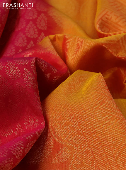 Kanchipuram soft silk saree pink and dual shade of yellow with allover zari woven brocade weaves and zari woven border