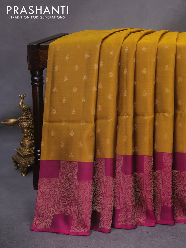 Kanchipuram soft silk saree mustard shade and magenta pink with zari woven buttas and zari woven border