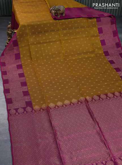 Kanchipuram soft silk saree mustard shade and magenta pink with zari woven buttas and zari woven border