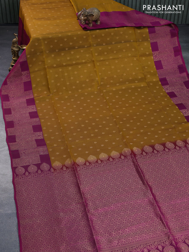 Kanchipuram soft silk saree mustard shade and magenta pink with zari woven buttas and zari woven border