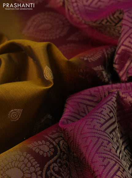 Kanchipuram soft silk saree mustard shade and magenta pink with zari woven buttas and zari woven border