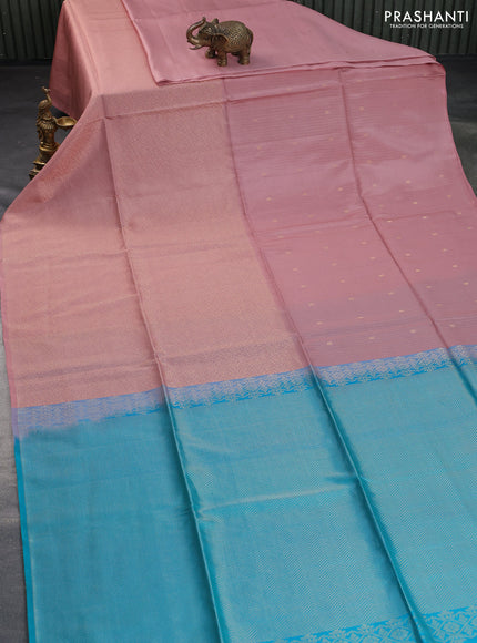 Kanchipuram soft silk saree pastel pink and dual shade of teal blue with half and half style and long zari woven border