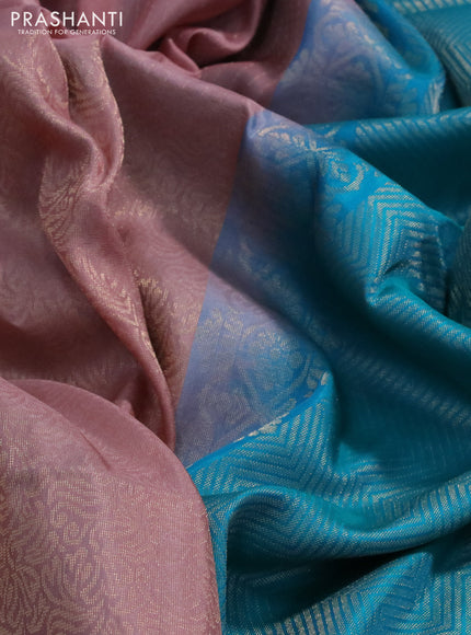 Kanchipuram soft silk saree pastel pink and dual shade of teal blue with half and half style and long zari woven border