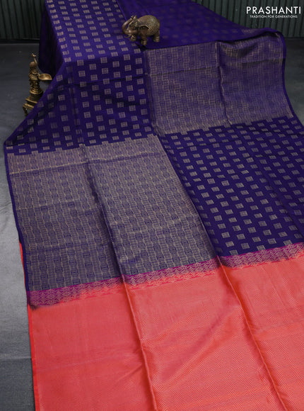 Kanchipuram soft silk saree dark blue and dual shade of pinkish orange with half and half style and long zari woven border