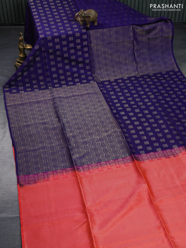 Kanchipuram soft silk saree dark blue and dual shade of pinkish orange with half and half style and long zari woven border