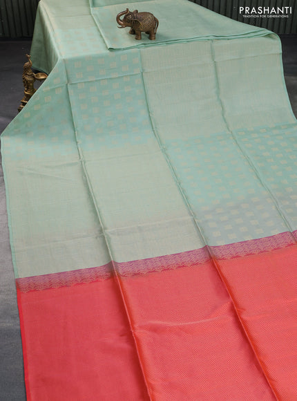 Kanchipuram soft silk saree pastel green and dual shade of pinkish orange with half and half style and long zari woven border