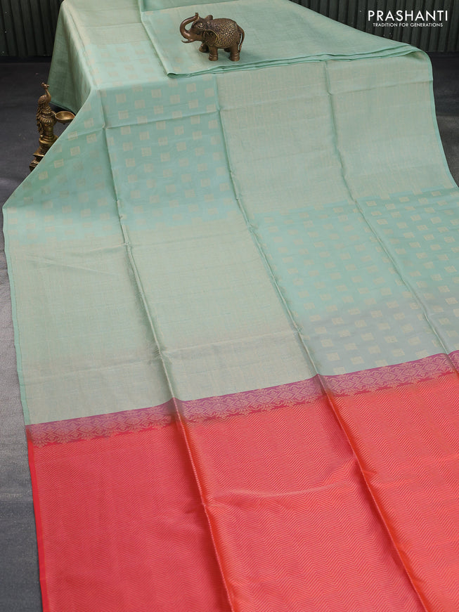 Kanchipuram soft silk saree pastel green and dual shade of pinkish orange with half and half style and long zari woven border