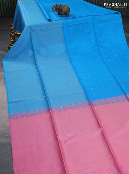 Kanchipuram soft silk saree cs blue and light pink with half and half style and long zari woven border