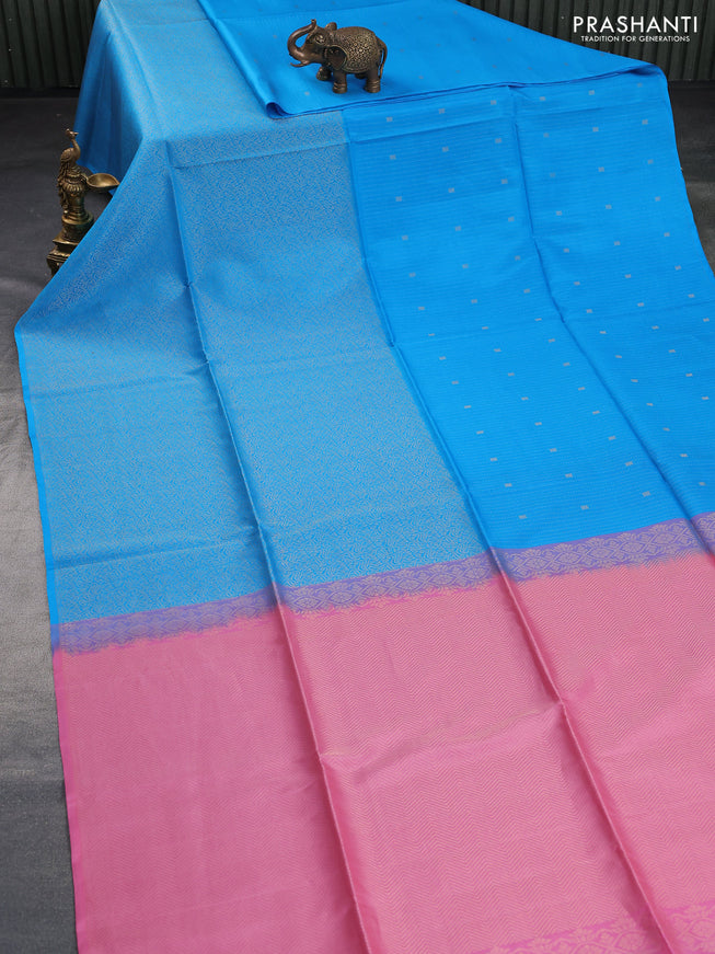 Kanchipuram soft silk saree cs blue and light pink with half and half style and long zari woven border