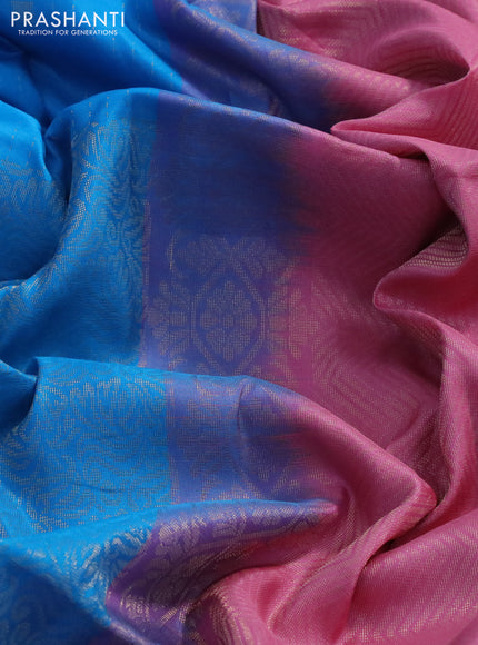 Kanchipuram soft silk saree cs blue and light pink with half and half style and long zari woven border