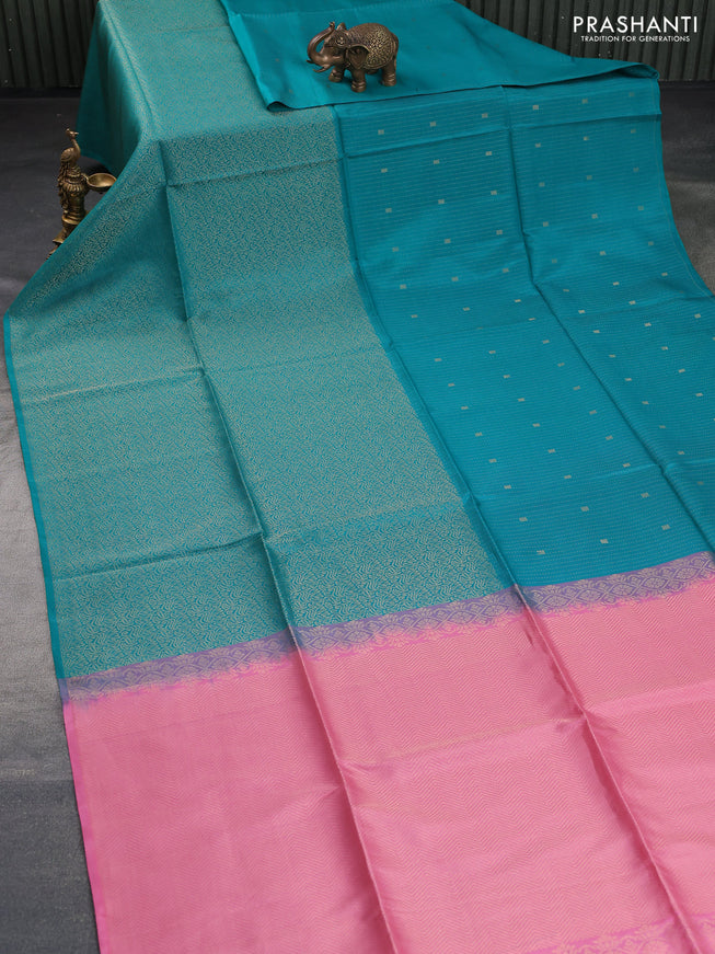 Kanchipuram soft silk saree teal green and light pink with half and half style and long zari woven border