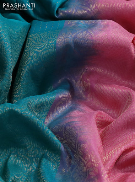 Kanchipuram soft silk saree teal green and light pink with half and half style and long zari woven border