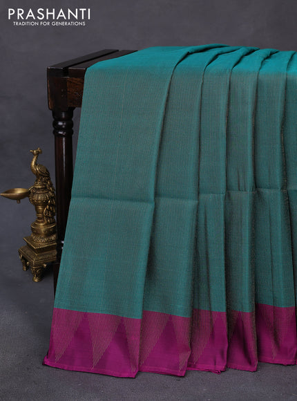 Kanchipuram soft silk saree teal green and purple with allover zari weaves and zari woven border