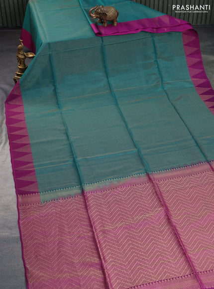 Kanchipuram soft silk saree teal green and purple with allover zari weaves and zari woven border