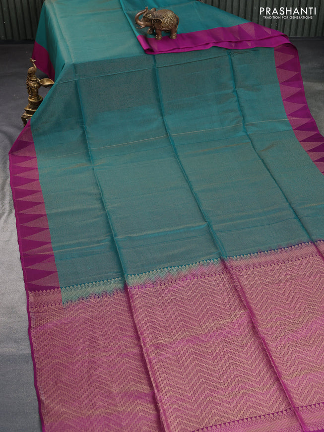 Kanchipuram soft silk saree teal green and purple with allover zari weaves and zari woven border