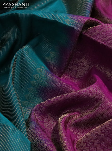 Kanchipuram soft silk saree teal green and purple with allover zari weaves and zari woven border