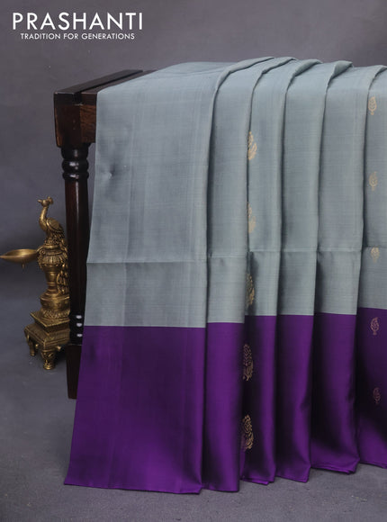 Kanchipuram soft silk saree grey and violet with zari woven buttas and zari woven butta border