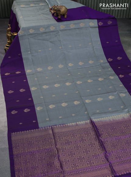 Kanchipuram soft silk saree grey and violet with zari woven buttas and zari woven butta border