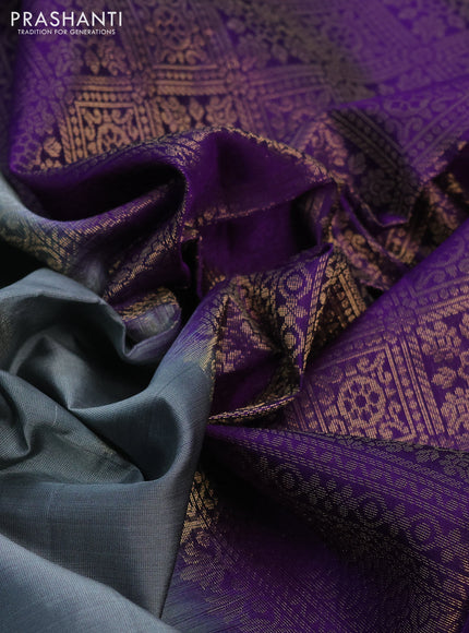 Kanchipuram soft silk saree grey and violet with zari woven buttas and zari woven butta border