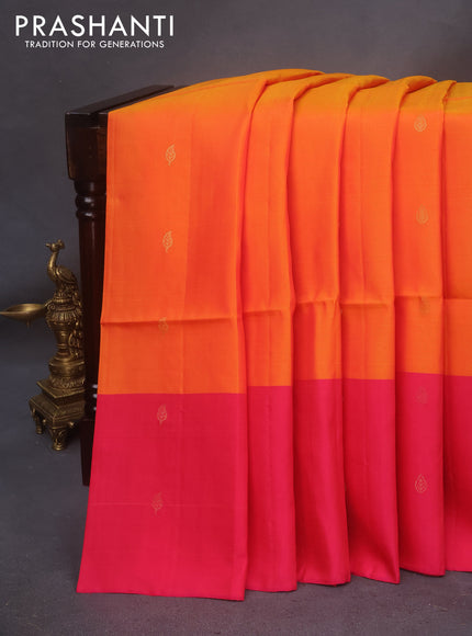 Kanchipuram soft silk saree mango yellow and dual shade of pink with zari woven buttas and zari woven butta border