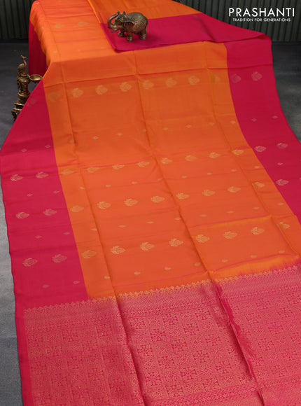 Kanchipuram soft silk saree mango yellow and dual shade of pink with zari woven buttas and zari woven butta border