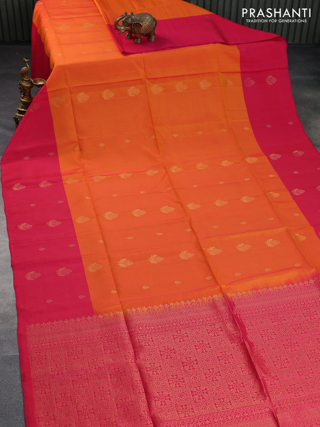 Kanchipuram soft silk saree mango yellow and dual shade of pink with zari woven buttas and zari woven butta border