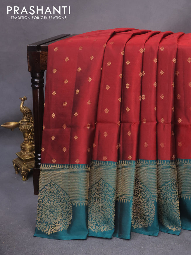 Kanchipuram soft silk saree maroon and peacock green with allover zari woven floral buttas and zari woven border