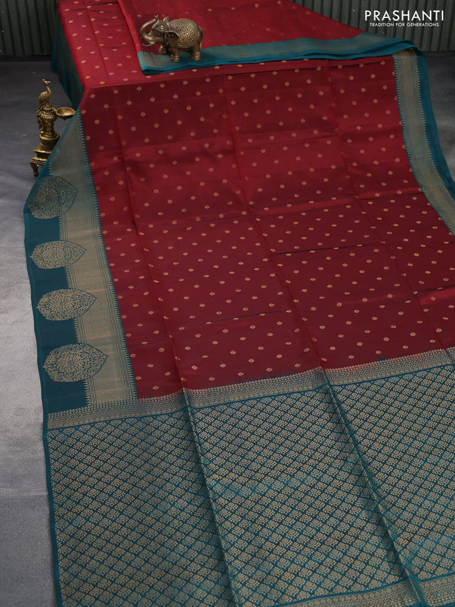 Kanchipuram soft silk saree maroon and peacock green with allover zari woven floral buttas and zari woven border