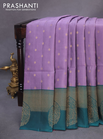 Kanchipuram soft silk saree lavender shade and peacock green with allover zari woven floral buttas and zari woven border