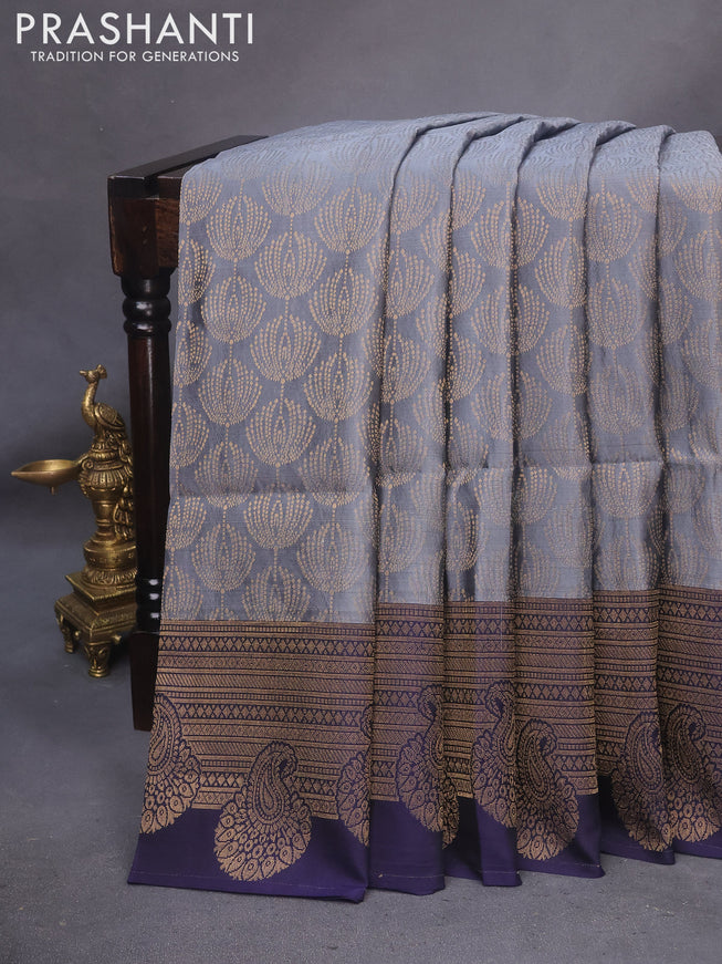 Kanchipuram soft silk saree grey and dark blue with allover zari woven brocade weaves and zari woven border