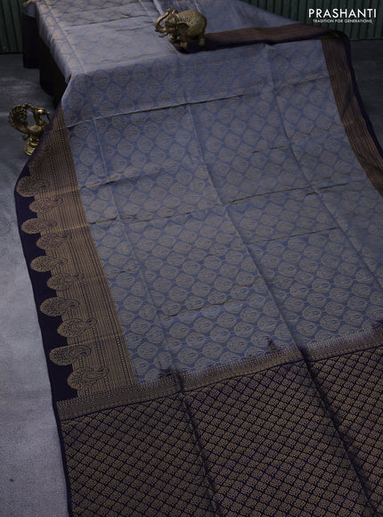 Kanchipuram soft silk saree grey and dark blue with allover zari woven brocade weaves and zari woven border