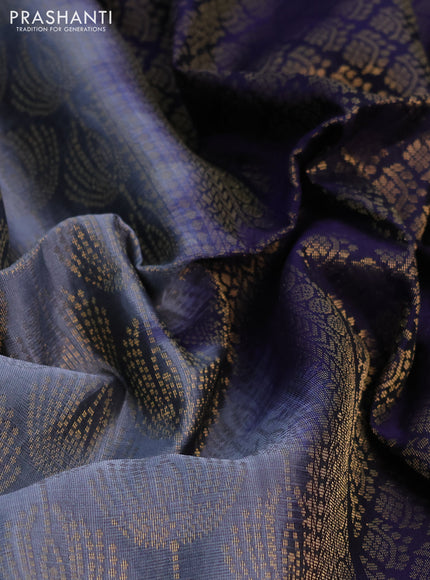 Kanchipuram soft silk saree grey and dark blue with allover zari woven brocade weaves and zari woven border