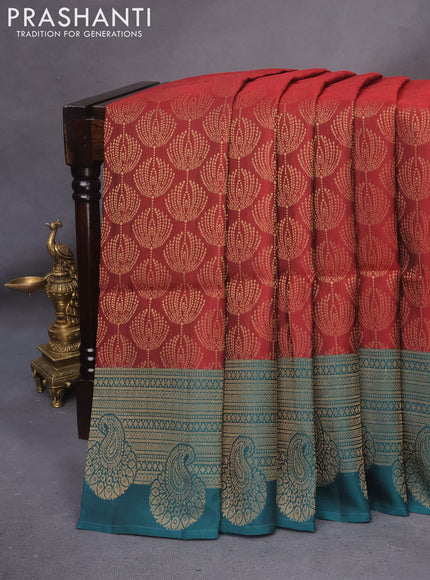 Kanchipuram soft silk saree maroon and peacock green with allover zari woven brocade weaves and zari woven border